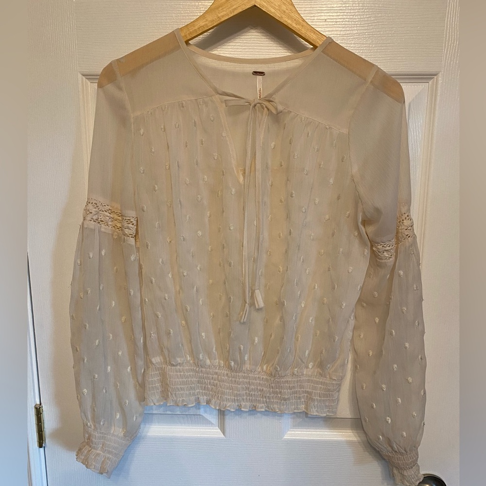 Free People Peasant Boho Crème Sheer Polka Dot Indie Festival Shirt Long sleeved